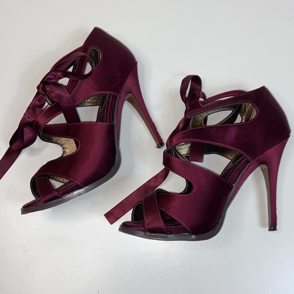 Leon Max I Wine Stiletto Heels W/ Silk Ribbon 7 - Picture 6 of 13